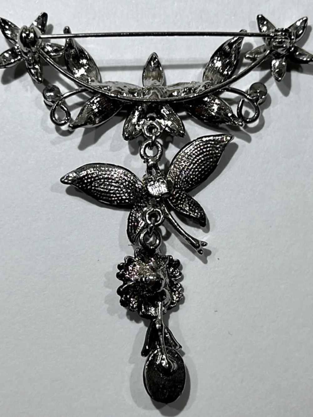 1980s Black & Silver With Rhinestone Flower & Butterfly Brooch